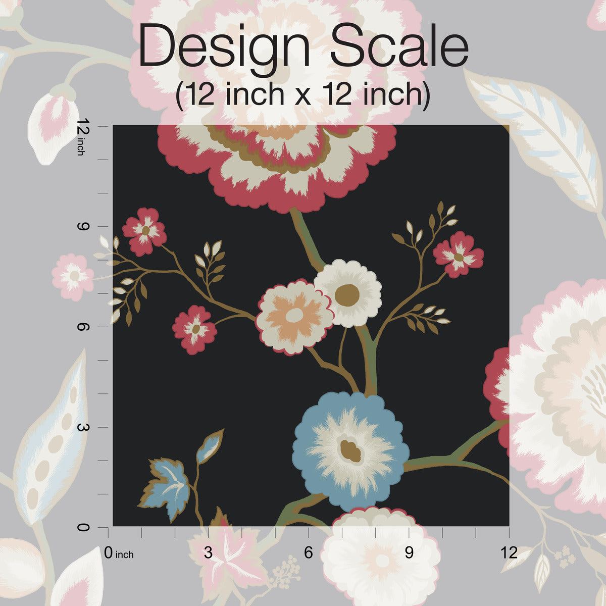 A design scale chart showing a 12 inch by 12 inch square section of a York Wallcoverings Dahlia Blooms Midnight/Multi Wallpaper Black, Pink (60 Sq.Ft.) with large flowers in red, beige, blue, and white on a black background. The botanical elegance is enhanced by smaller, more subtle floral outlines. Measurement markings are on two sides of the square.