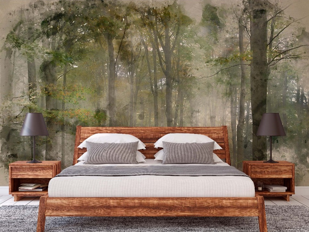 A contemporary bedroom with a large wooden bed flanked by matching nightstands and lamps, showcasing a full-wall Decor2Go Wallpaper Mural of a misty, dense forest.