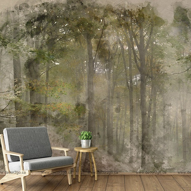 A cozy interior with a stylish armchair and a small wooden side table holding a potted plant. The backdrop is an artistic mural of the Deep Forest Wallpaper Mural by Decor2Go Wallpaper Mural.