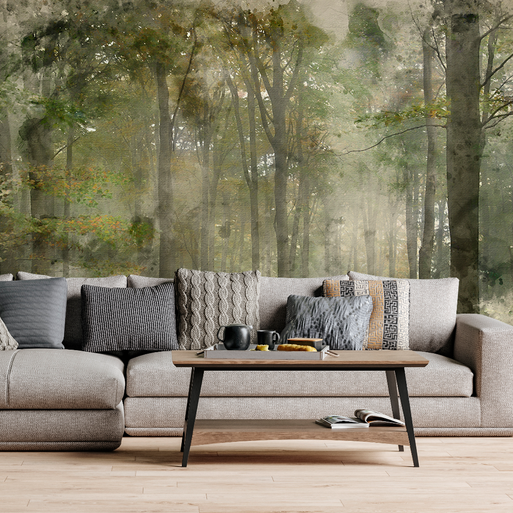 Living Room - A cozy living room setup with a large sofa filled with various patterned cushions, a wooden coffee table holding books and a mug, against a Decor2Go Deep Forest Wallpaper Mural backdrop.
