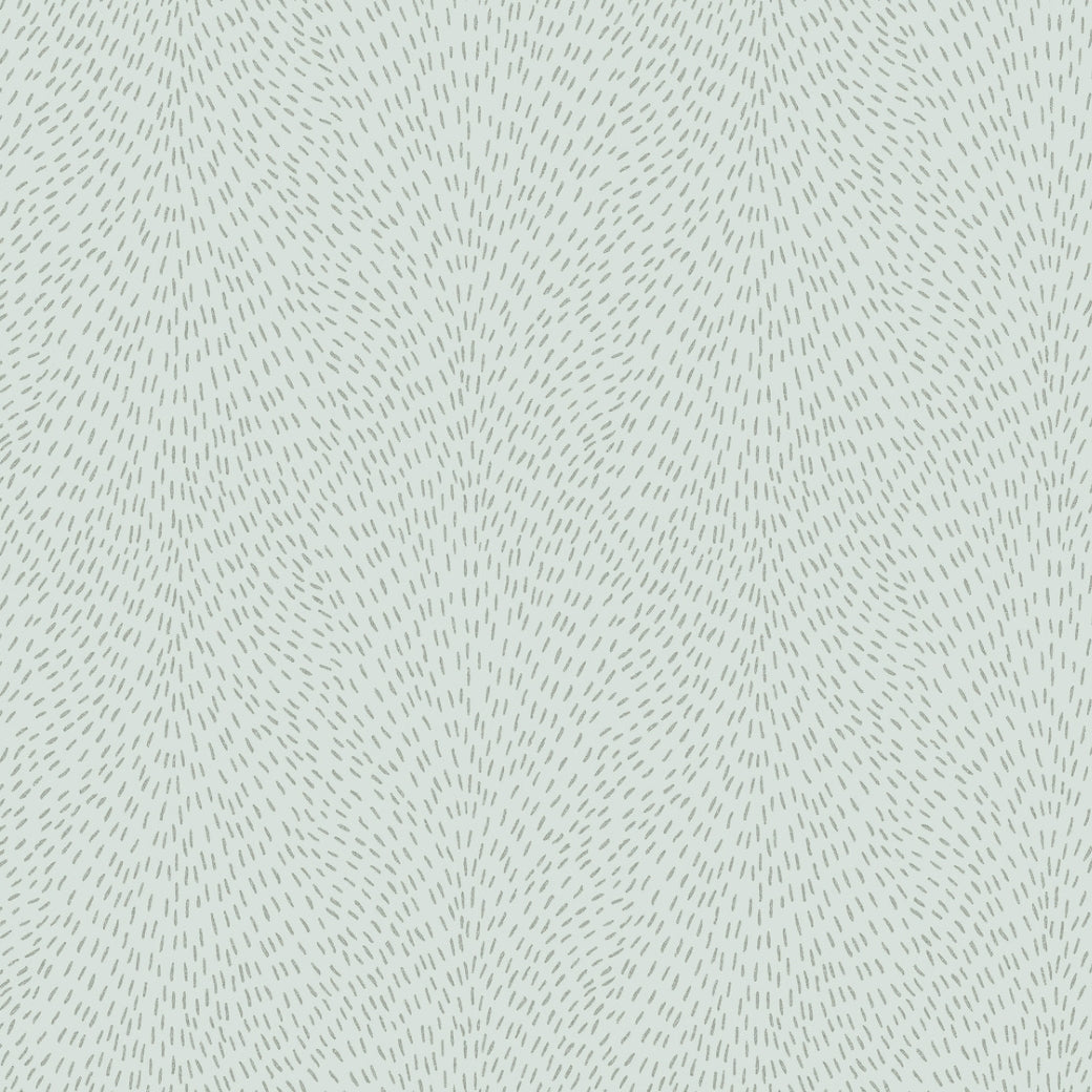 The Dew Drop Sea Mist Wallpaper by York Wallcoverings features a light gray background with repeating short, thin teal dashes in wavy vertical lines, creating a subtle textured look. Covers 60 SqFt.