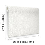 The Dew Drop White Wallpaper by York Wallcoverings features a subtle dotted pattern and covers 60 sq ft per roll, measuring 27 feet long and 27 inches wide. Dimensions are shown next to and below the roll.