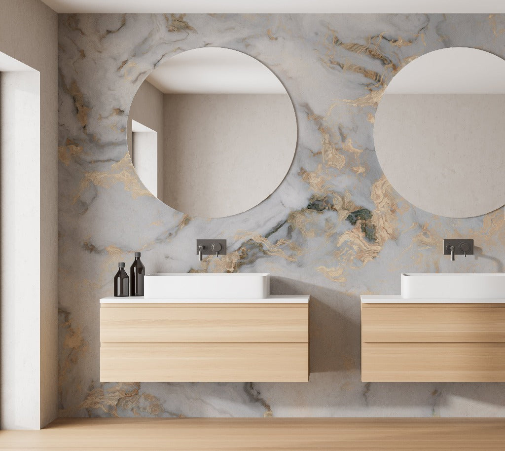 Modern bathroom interior with two round mirrors, Decor2Go Dreamscape Wallpaper Mural, and light wooden vanity counters featuring white rectangular basins.