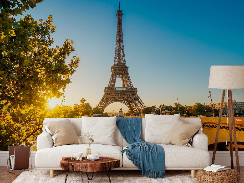 Eiffel Tower Wallpaper Mural in a cozy living room