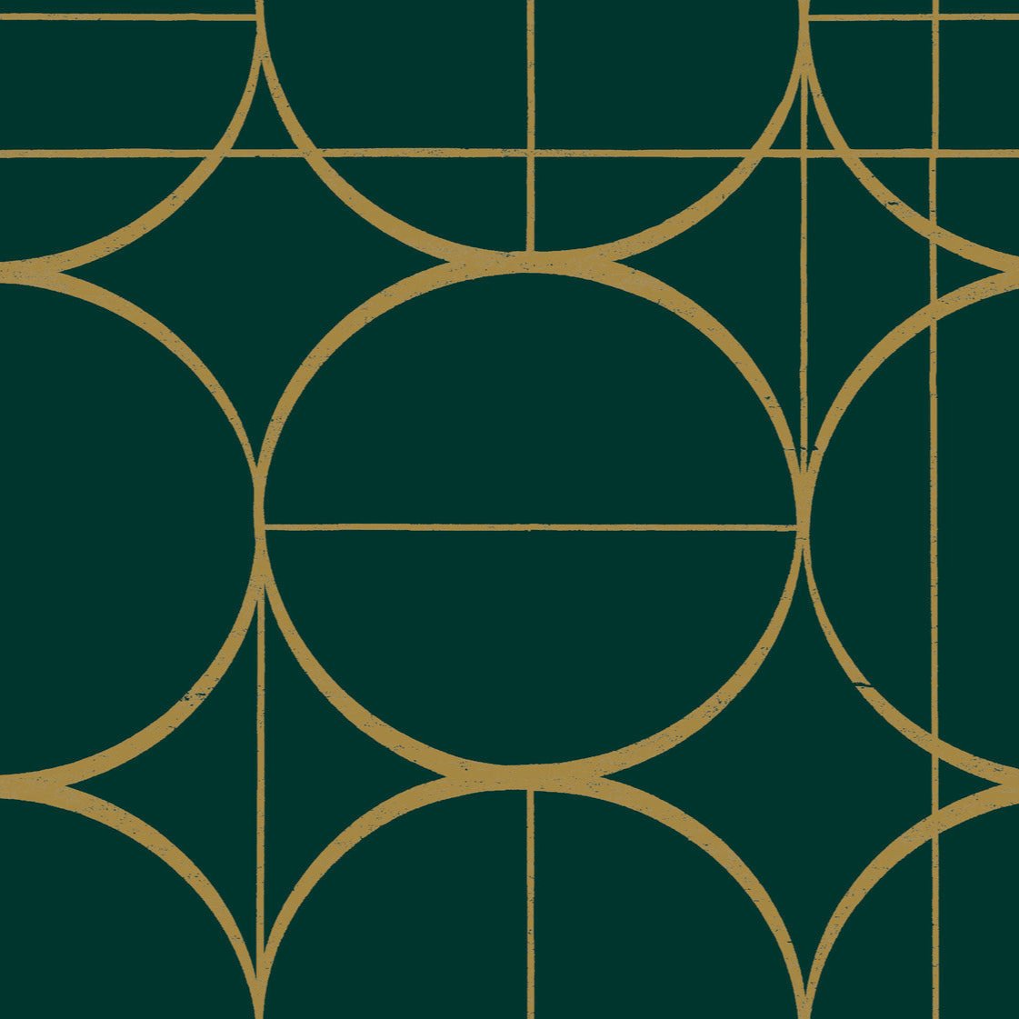 The Emerald & Gold Sun Circles Wallpaper by York Wallcoverings showcases a geometric design with gold circles and intersecting lines on a dark green background, amplified by metallic finishes for a retro Art Deco aesthetic.