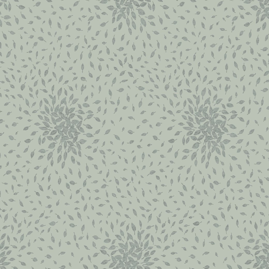 The Eucalyptus & Silver Petite Leaves Wallpaper by York Wallcoverings showcases delicate, swirling leaf motifs in soft blue-grey on a light mint green background. Part of the Modern Metals Collection, it features subtle metallic finishes for a contemporary yet elegant symmetrical design.