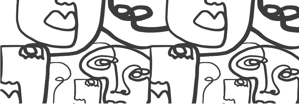 Abstract black and white line art depicting multiple stylized faces with exaggerated features and interconnected forms, suitable as a Decor2Go Wallpaper Mural.