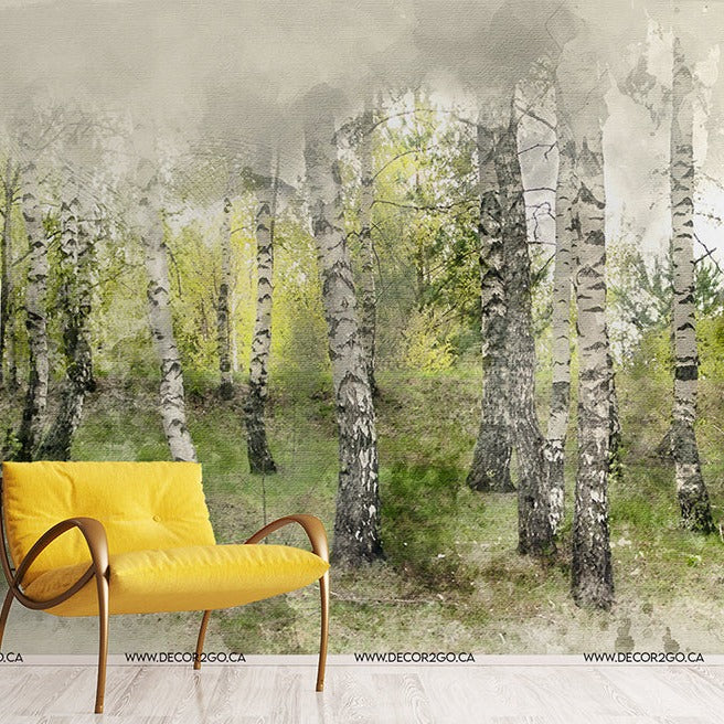 A stylish interior with a vibrant yellow armchair and a white floor lamp, against a Decor2Go Wallpaper Mural of a serene birch tree forest. The room combines a touch of nature with modern home decor.