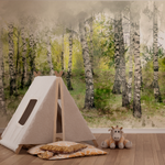 A cozy children's play area featuring a small fabric teepee, cushions, and a plush toy cow in a room with a Decor2Go Wallpaper Mural of a serene deciduous forest.