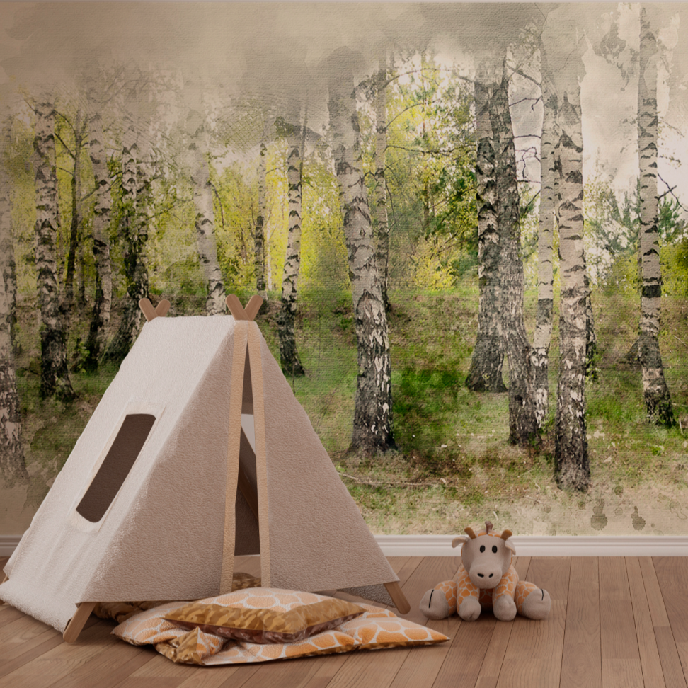 A cozy children's play area featuring a small fabric teepee, cushions, and a plush toy cow in a room with a Decor2Go Wallpaper Mural of a serene deciduous forest.