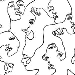 Abstract line art depicting multiple interconnected female faces in continuous line drawing style, using black lines on a white background for Decor2Go Wallpaper Mural.