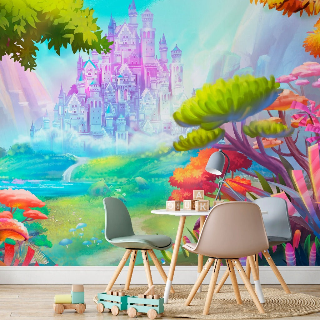 A vibrant children's playroom with a wall mural of a colorful Decor2Go Wallpaper Mural fantasy kingdom and landscape. The room includes a small table and chairs with wooden toys scattered on the floor.