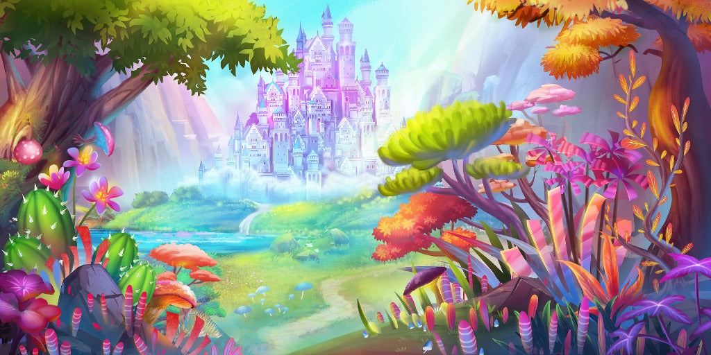 A vibrant, colorful illustration of a magical landscape featuring a majestic castle in the distance surrounded by lush, fantastical flora and mythical creatures along a serene river. - Fantasy Kingdom Wallpaper Mural by Decor2Go Wallpaper Mural