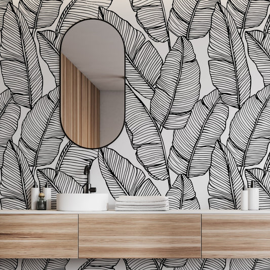 Feather Silhouettes Wallpaper Mural in the bathroom black and white leaves