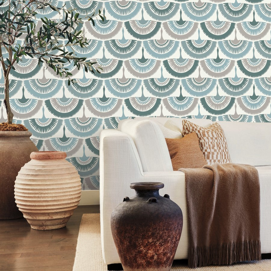 Natural design living room furniture with boho wallpaper