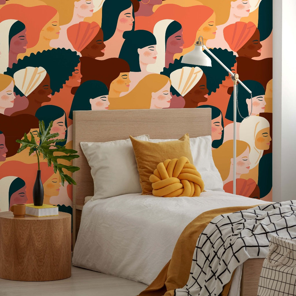 Bedroom - A cozy bedroom with a wooden bed and beige bedding, featuring a large, colorful Femme Fatale Wallpaper Mural by Decor2Go behind the bed.