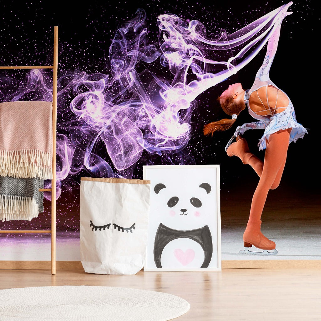 A female ballet dancer, wearing a vibrant costume, gracefully sways while a wisp of purple smoke swirls around her. A Figure Skater Wallpaper Mural from Decor2Go Wallpaper Mural, a panda picture, and a