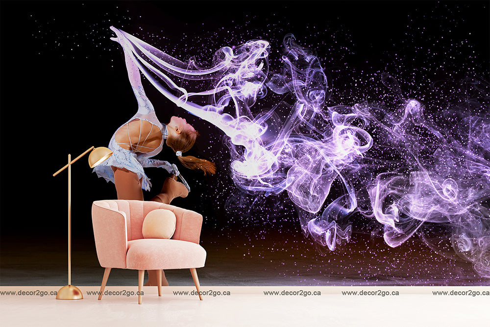 A Figure Skater Wallpaper Mural from Decor2Go performs an elegant pose next to a pink chair, with a dynamic swirl of purple and white light particles trailing around her, against a dark background.