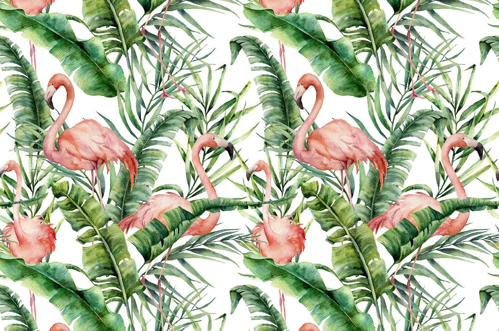 A seamless pattern featuring pink flamingos and lush green tropical leaves on a white background, painted in a watercolor style, designed as a Flamingos and Tropical Leaves Wallpaper Mural by Decor2Go Wallpaper Mural.
