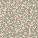 Seamless Floral Bliss Wallpaper Mural with white and pink flowers, and green leaves on a muted green background. The design features a dense, intertwining arrangement of botanical elements by Decor2Go Wallpaper Mural.