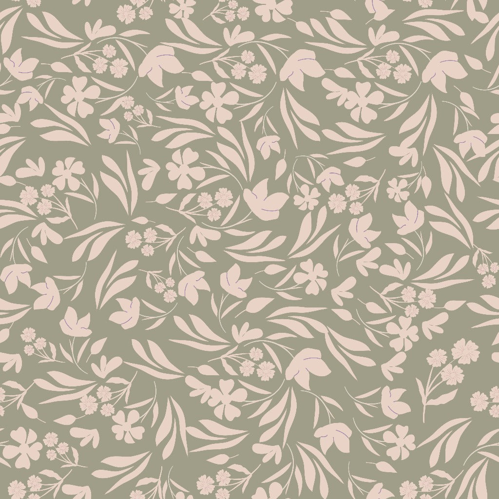 Seamless Floral Bliss Wallpaper Mural with white and pink flowers, and green leaves on a muted green background. The design features a dense, intertwining arrangement of botanical elements by Decor2Go Wallpaper Mural.