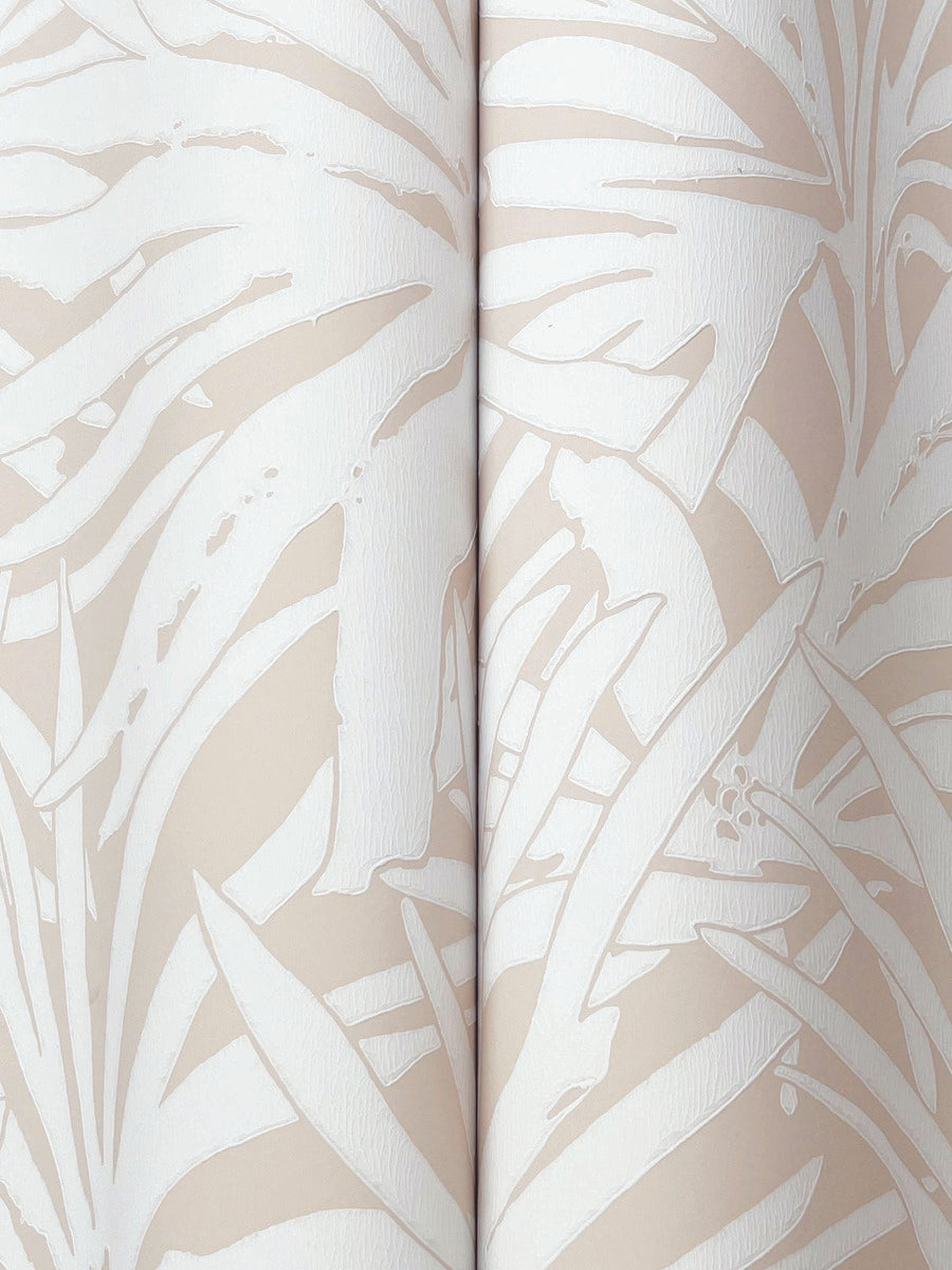 Close-up of York Wallcoverings' Floral Canopy Blush Wallpaper (60 SqFt) in beige and white, showing overlapping leaves and organic shapes with a textured, matte finish.