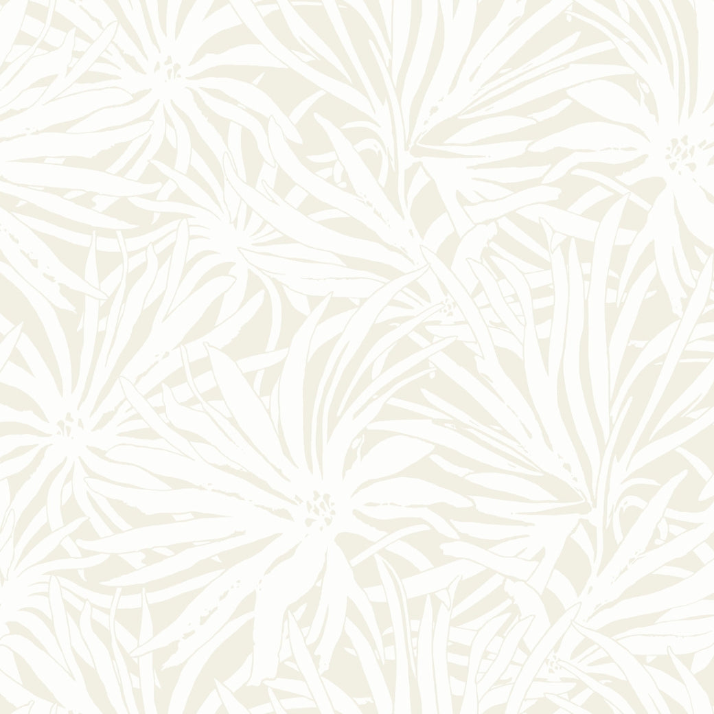 Floral Canopy Cream Wallpaper by York Wallcoverings features large, abstract flower shapes and overlapping leaves in light beige and white, creating a soft, elegant botanical design. Covers 60 sq ft.