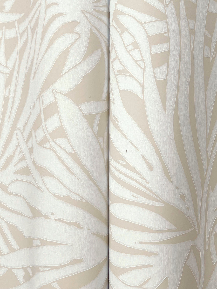 Close-up of Floral Canopy Linen Wallpaper by York Wallcoverings: textured beige non-woven design with subtle abstract leaves in matte and glossy finishes. This 60 SqFt roll adds depth and gentle contrast, perfect for botanical wallpaper inspiration.