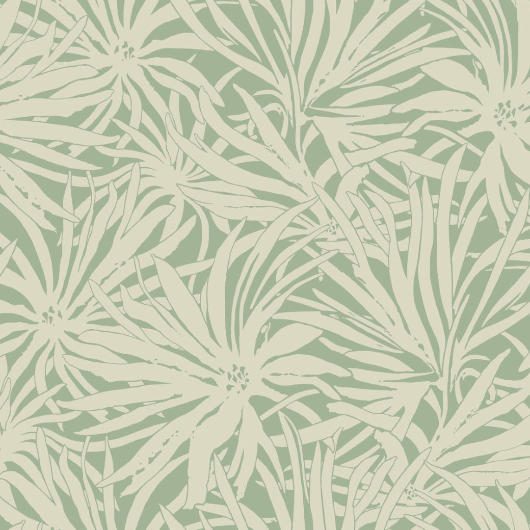 Floral Canopy Olive Wallpaper by York Wallcoverings features abstract cream leaves and flowers on a muted green background, creating a seamless tropical design—ideal for non-woven, floral wallpaper looks. Covers 60 SqFt.