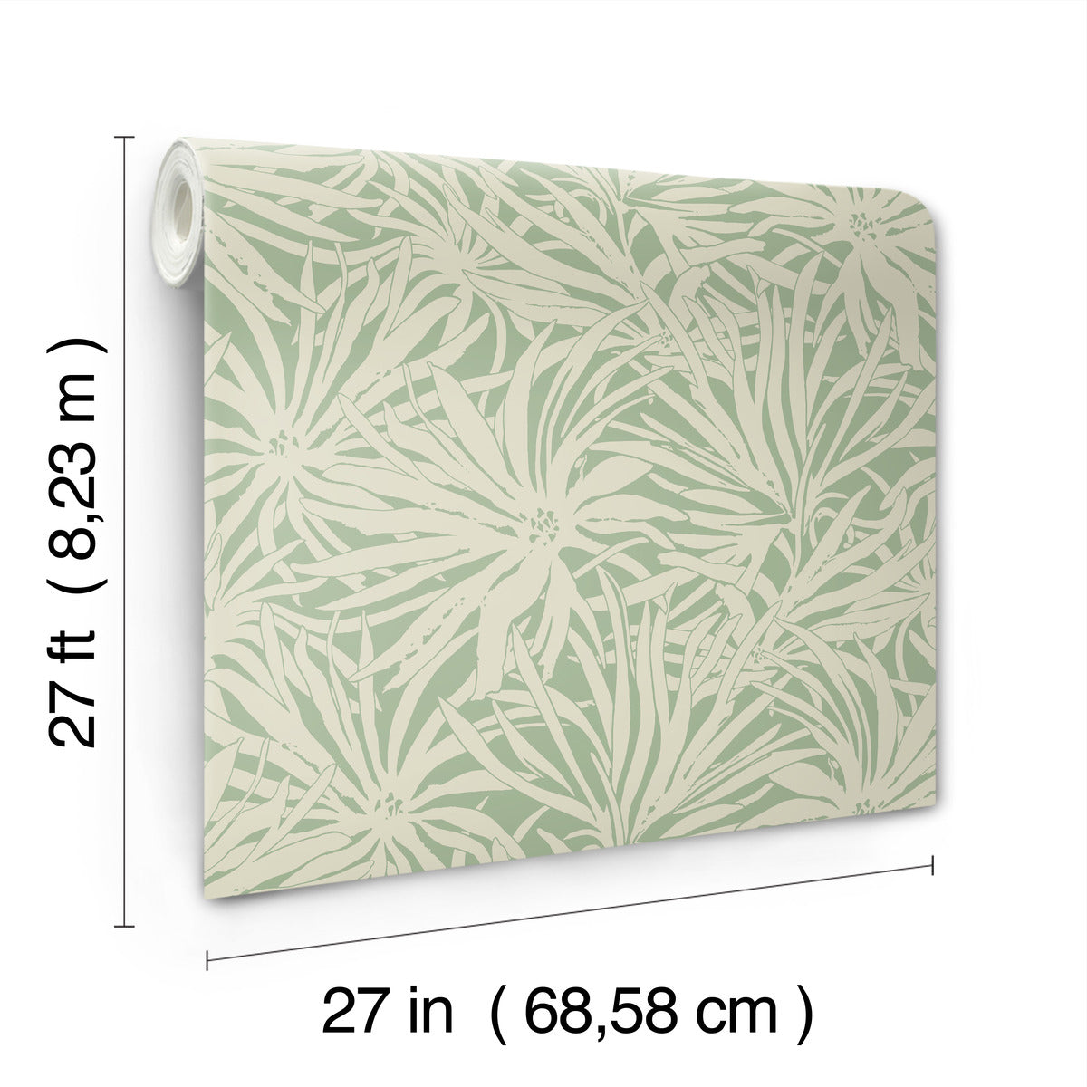 The York Wallcoverings Floral Canopy Olive Wallpaper covers 60 sq ft and features a green and cream botanical design with tropical leaves. Each roll measures 27 feet long by 27 inches wide, with measurement labels shown.