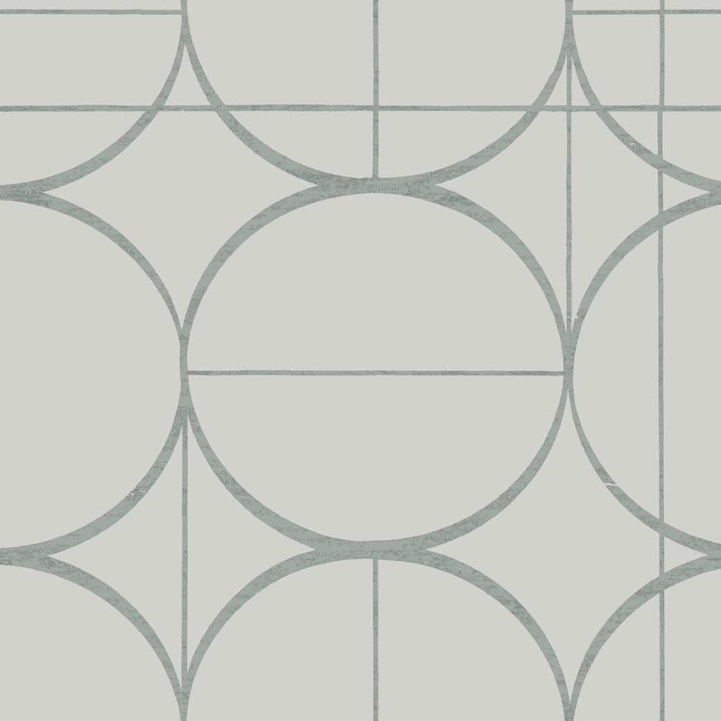 The Fog & Silver Sun Circles Wallpaper by York Wallcoverings features a minimalist geometric design with large overlapping circles and intersecting lines on a light background, reminiscent of Art Deco wallpaper, with soft, muted colors that elegantly complement its subtle metallic finishes.