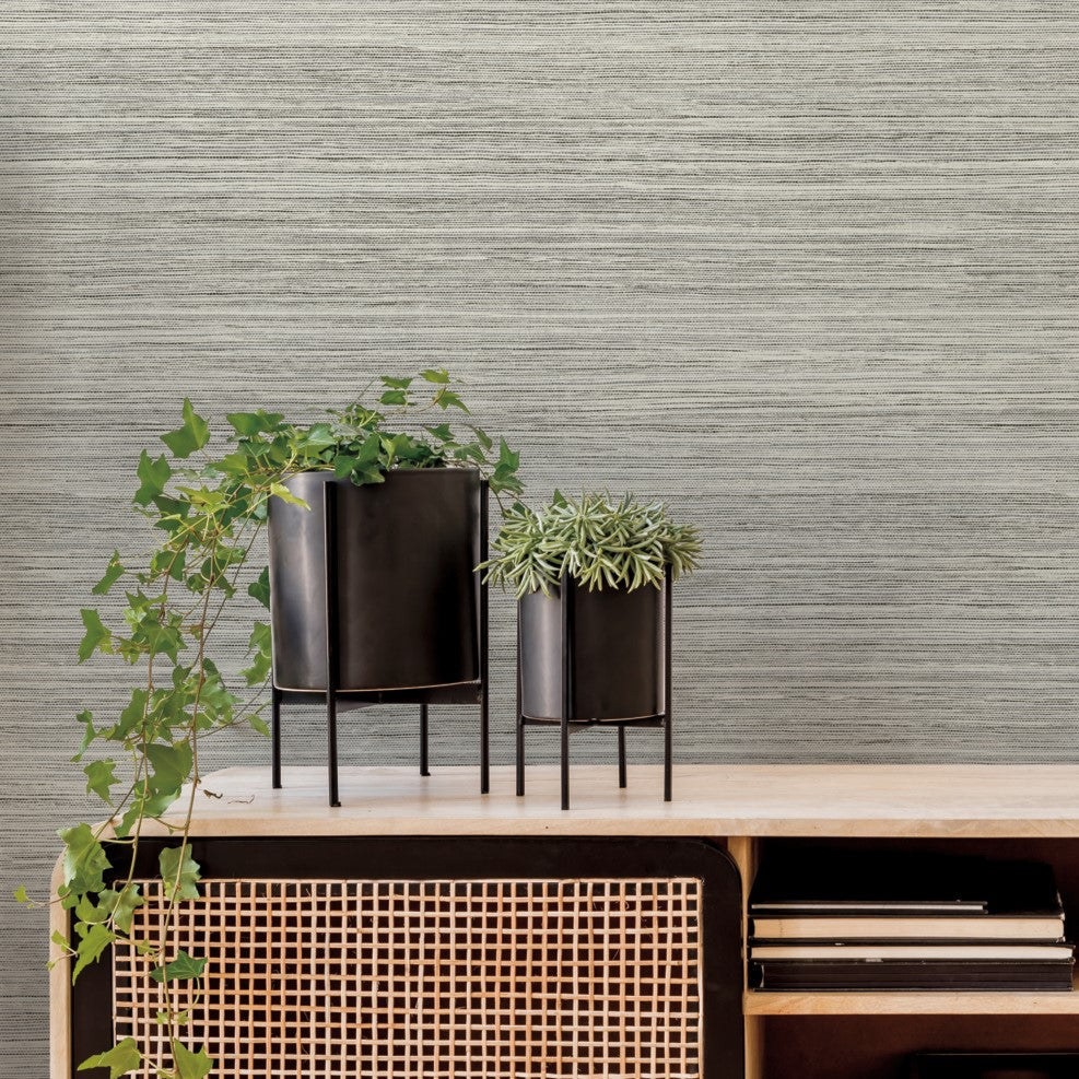 A minimalist indoor scene features a wooden console with a black mesh front, holding two plant stands of varying heights. Topped with green houseplants like cascading ivy and succulent, the display benefits from natural aesthetic vibes against a textured gray wall enhanced by York Wallcoverings' Fountain Grass Smokey Blue Wallpaper Blue (60 Sq.Ft.) for easy installation.