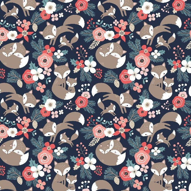 Repeated pattern of stylized foxes with floral arrangements on a dark background, featuring soft earthy and pink tones, ideal for a Decor2Go Wallpaper Mural nursery wall mural.