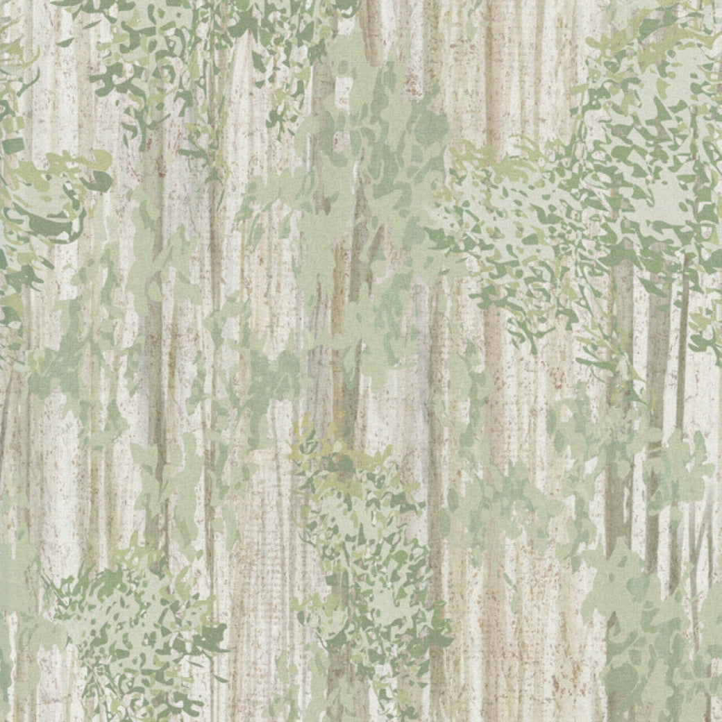 The Aspen Grove Forest Wallpaper Mural (2 Panels) by York Wallcoverings features abstract light green foliage and beige-brown tree trunks, creating a natural woodland camouflage ideal for a botanical accent wall.