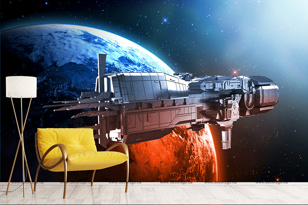 Digital artwork depicting a large, detailed spaceship flying close to a vibrant, fiery planet, set against a backdrop of earth and stars, viewed from a modern room with a yellow chair and white lamp. This Galactica Wallpaper Mural from Decor2Go Wallpaper Mural instantly transforms any space into an otherworldly escape.