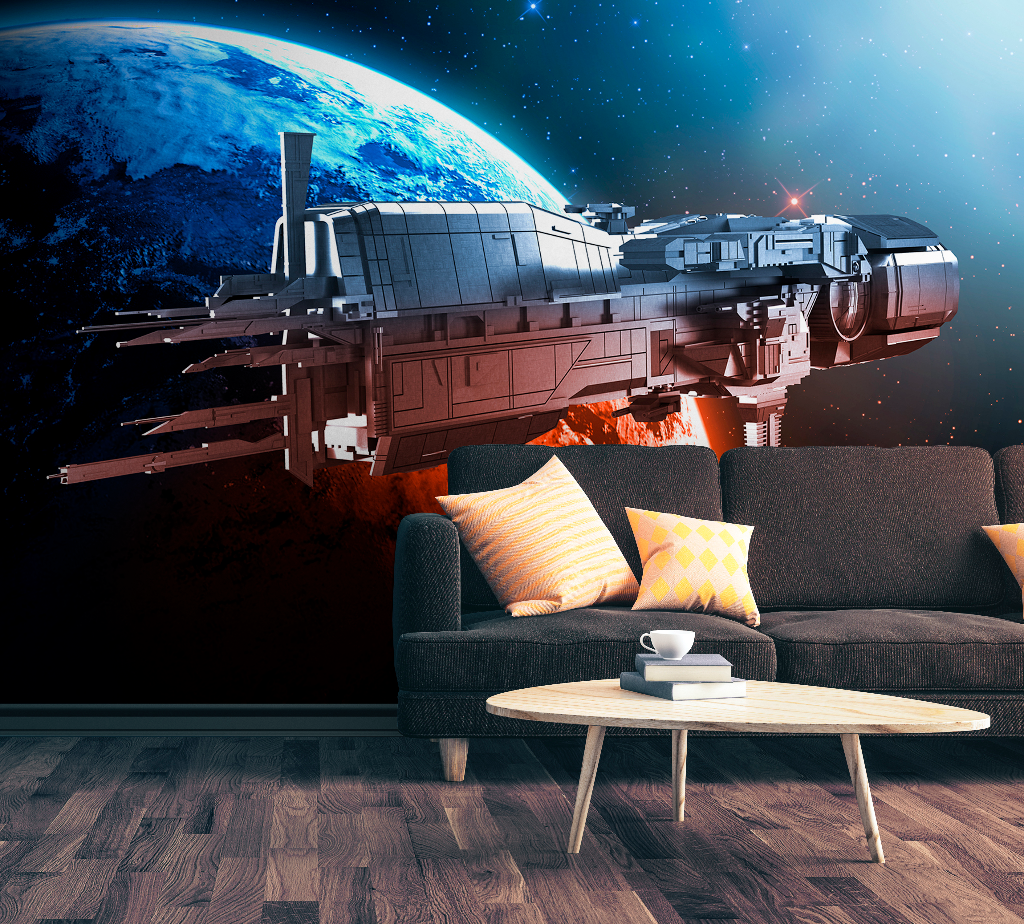 A surreal living room with a cozy gray couch and a wooden coffee table, featuring a Galactica Wallpaper Mural from Decor2Go Wallpaper Mural of a spaceship approaching Earth from outer space.