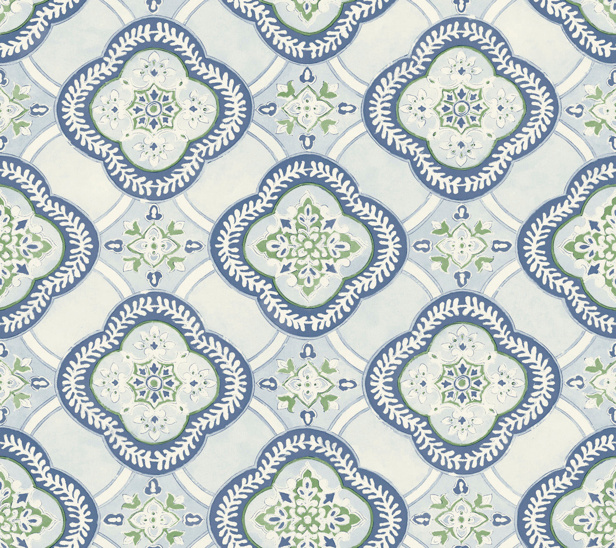 A decorative pattern featuring symmetrical, ornate designs in shades of blue, green, and white. The motifs are shaped like stylized four-petaled flowers enclosed in diamond-like frames, reminiscent of botanical elegance and creating a repeating geometric arrangement on a light background. Presenting the Garden Trellis Hazel Wallpaper Beige, Brown (60 Sq.Ft.) by York Wallcoverings.