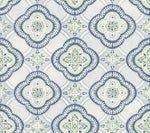 A decorative pattern featuring blue and green geometric shapes and floral motifs on a white background. The design is repetitive, with intricate detailing, creating a symmetrical and aesthetically pleasing arrangement reminiscent of Garden Trellis aesthetics. Introducing the Garden Trellis Cobalt Wallpaper Blue (60 Sq.Ft.) by York Wallcoverings.