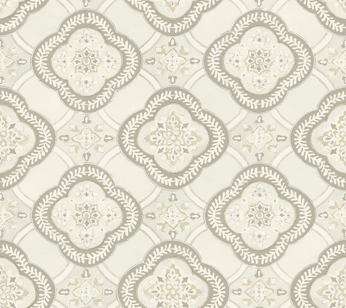 An intricate geometric pattern featuring symmetrical designs with floral and leaf motifs in shades of gray, beige, and white. This Garden Trellis Rain Wallpaper Blue, Grey (60 Sq.Ft.) by York Wallcoverings exudes botanical elegance, with design elements varying in size to form a uniform, ornate pattern that’s both easy to install and remove.