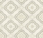 A decorative pattern featuring botanical elegance with interlocking floral and geometric designs in muted shades of white, beige, and gray. The repeating motifs are framed by intricate, symmetrical shapes, giving the Garden Trellis Cobalt Wallpaper Blue (60 Sq.Ft.) by York Wallcoverings a stylish, vintage feel.