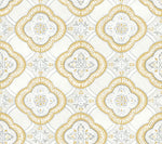 A seamless wallpaper pattern featuring ornate, floral, diamond-shaped designs. The motifs are intricately detailed with gold, silver, and white colors, arranged in a repeating grid that creates botanical elegance with a classic appearance. Enjoy easy installation and removal for your **York Wallcoverings Garden Trellis Rain Wallpaper Blue, Grey (60 Sq.Ft.)**.