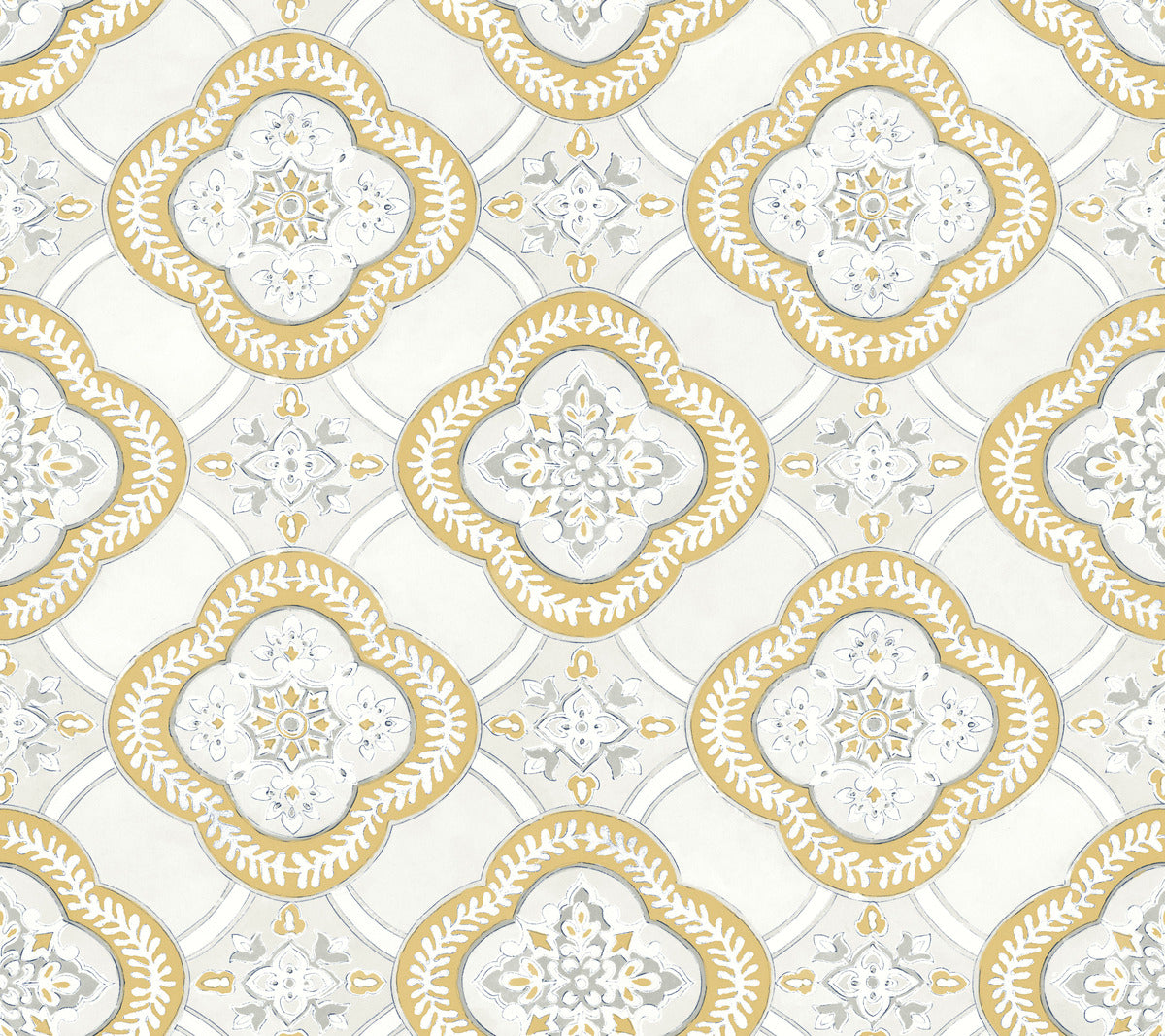 A seamless wallpaper pattern featuring ornate, floral, diamond-shaped designs. The motifs are intricately detailed with gold, silver, and white colors, arranged in a repeating grid that creates botanical elegance with a classic appearance. Enjoy easy installation and removal for your **York Wallcoverings Garden Trellis Rain Wallpaper Blue, Grey (60 Sq.Ft.)**.