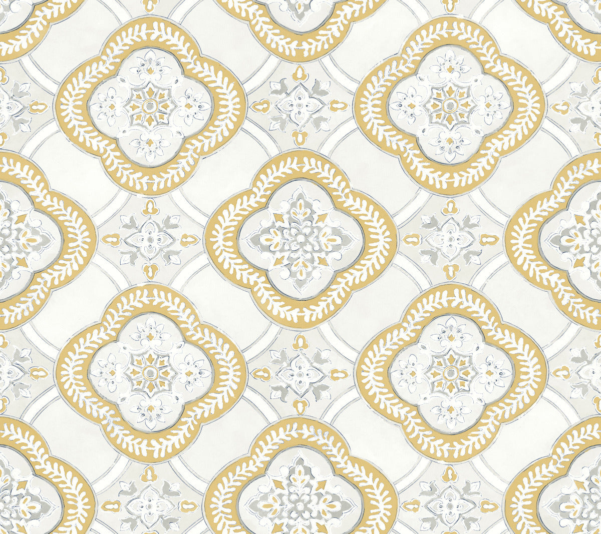 A seamless pattern featuring ornate, symmetrical designs in yellow and gray hues against a white background. The motifs, reminiscent of Garden Trellis Hazel Wallpaper Beige, Brown (60 Sq.Ft.) by York Wallcoverings, include floral elements and intricate details, creating a visually appealing, repetitive geometric layout perfect for removable wallpaper.