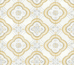 An elaborate wallpaper pattern with repeating symmetrical designs in gold and white hues. The pattern features ornate floral motifs surrounded by gold accents and geometric shapes, arranged in a diamond-like grid across a light background, evoking a sense of botanical elegance akin to the Garden Trellis Cobalt Wallpaper Blue (60 Sq.Ft.) by York Wallcoverings.