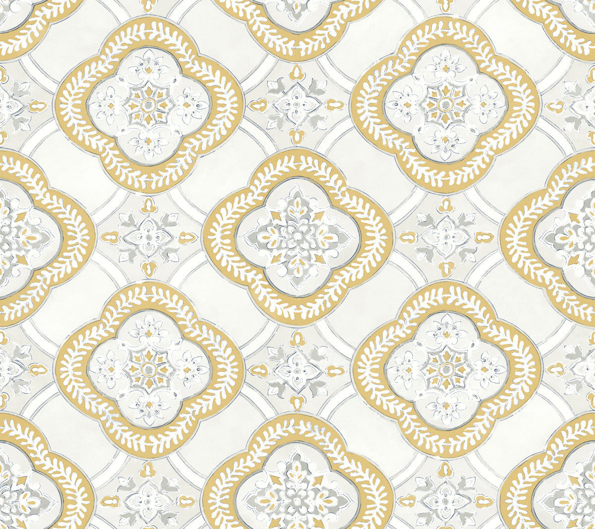 A repeating pattern featuring a stylized floral motif in white, yellow, and gray. The design is set within a diamond-shaped frame, offering botanical elegance with intricate detailing and symmetrical arrangements. Perfect for the York Wallcoverings Garden Trellis Onyx Wallpaper Black, Grey (60 Sq.Ft.) collection, it creates an elegant and ornate look.