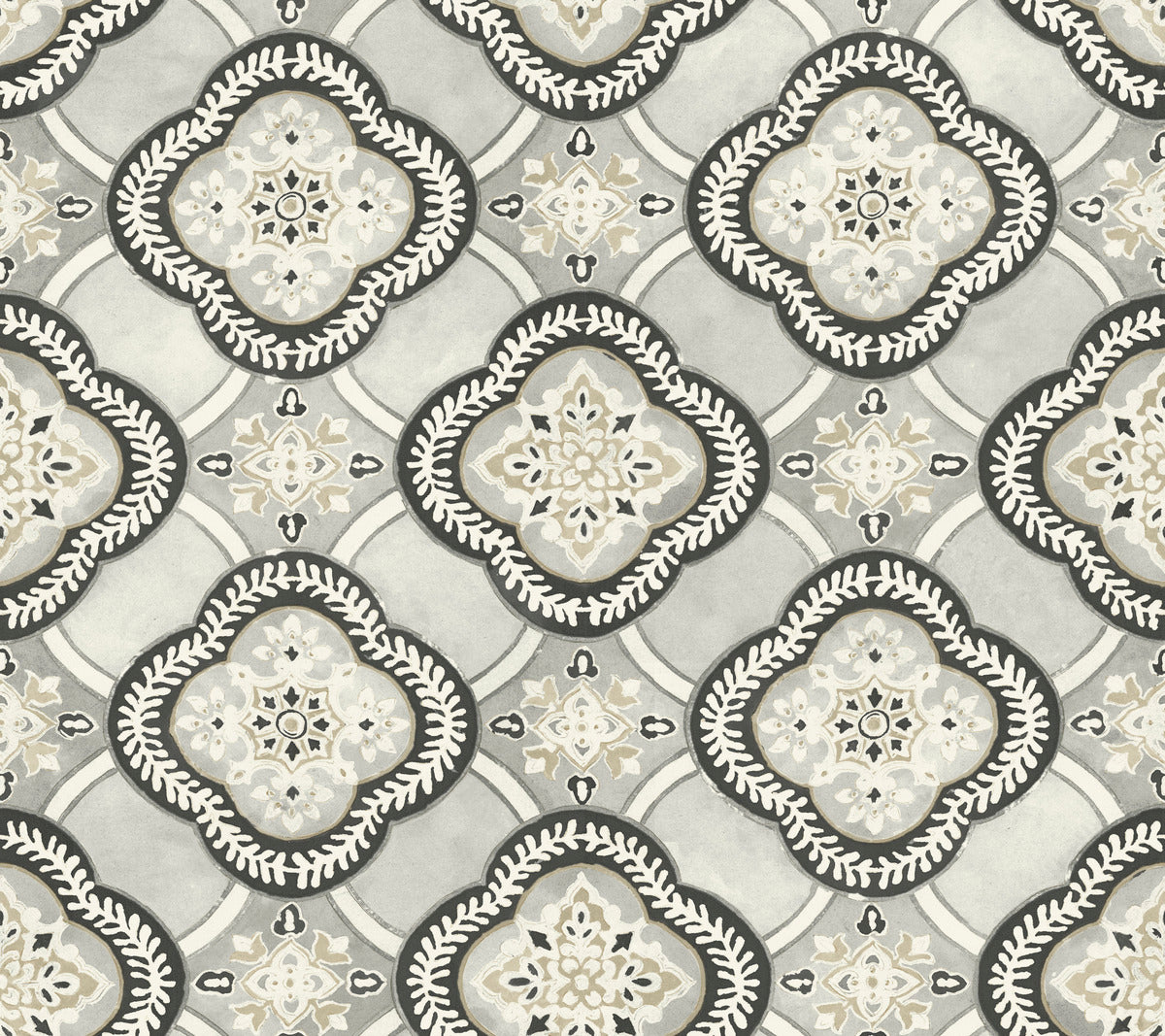 A patterned design featuring symmetrical, ornate shapes in shades of gray, white, and beige. The intricate motifs resemble stylized floral and geometric elements, forming a repeated lattice-like arrangement reminiscent of Garden Trellis Rain Wallpaper Blue, Grey (60 Sq.Ft.) by York Wallcoverings. The overall appearance is elegant and decorative.