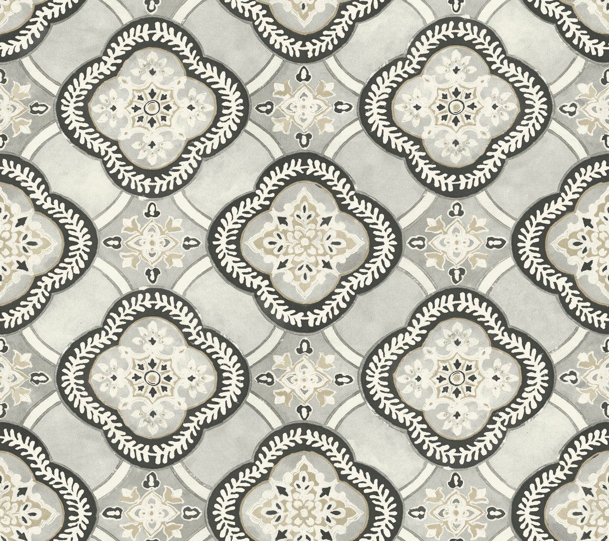 A seamless pattern featuring intricate, symmetrical, floral-like designs within interlocking diamond shapes. The pattern consists of shades of grey, black, white, and beige, creating a visually appealing and elegant look reminiscent of vintage tile work—a perfect choice for removable wallpaper like the Garden Trellis Cobalt Wallpaper Blue (60 Sq.Ft.) from York Wallcoverings with botanical elegance.