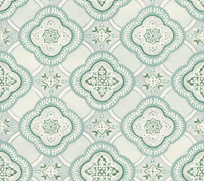 An intricate tile pattern with a repeating design of ornate green and white floral motifs. The pattern features symmetrical shapes resembling medallions and stylized leaves, set against a textured background that exudes botanical elegance in shades of green and white. Introducing the Garden Trellis Cobalt Wallpaper Blue (60 Sq.Ft.) by York Wallcoverings.