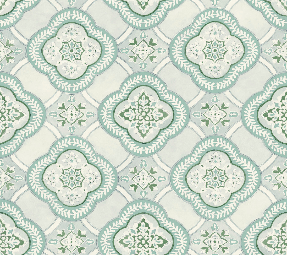 A seamless pattern with ornate, symmetrical designs in shades of mint green, light blue, and white. The motifs include intricate floral shapes and elaborate, circular patterns interconnected across a pale, textured background, exuding botanical elegance perfect for Garden Trellis Hazel Wallpaper Beige, Brown (60 Sq.Ft.) by York Wallcoverings.