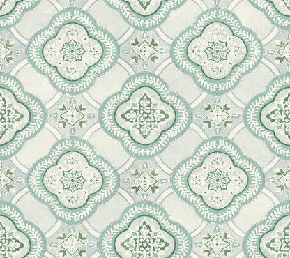 A seamless pattern with ornate, symmetrical designs in shades of mint green, light blue, and white. The motifs include intricate floral shapes and elaborate, circular patterns interconnected across a pale, textured background, exuding botanical elegance perfect for Garden Trellis Hazel Wallpaper Beige, Brown (60 Sq.Ft.) by York Wallcoverings.